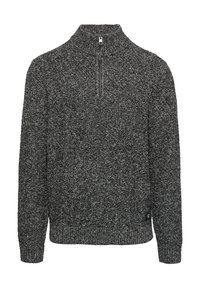 Pull-over tricoté noir et gris avec un col haut et une fermeture éclair quart de longueur. Tissu texturé avec des poignets et un ourlet côtelés, comportant une petite étiquette logo en bas.