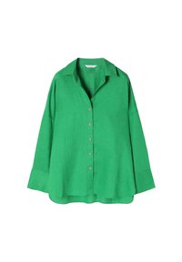 Groene linnen button-up shirt met een kraag, lange mouwen en een relaxed fit. Bevat lichtbruine knopen en een iets gebogen zoom.