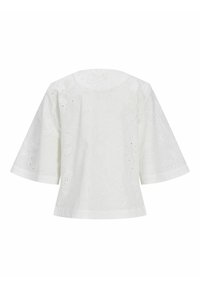 Weiße Bluse mit kurzen Ärmeln, lockerem Schnitt und zartem Blumen-Stickerei-Muster aus Lochstickerei auf leichtem Stoff.