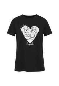 Schwarzes Baumwoll-T-Shirt mit kurzen Ärmeln, das ein weißes herzförmiges Design von Katzen und den Text "Essen. Schlafen. Wiederholen..." darüber zeigt.