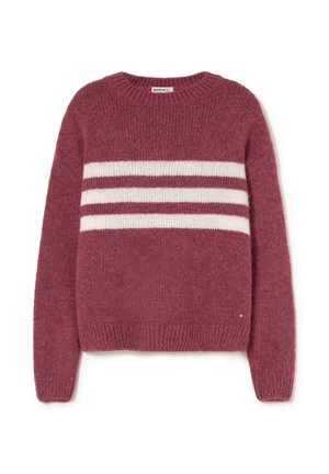 Pull en maille bordeaux avec rayures horizontales blanches, col rond, ourlet et poignets côtelés, texture douce, et petit détail de logo argenté.