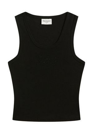 Μαύρο ριμπ αμάνικο crop top με λαιμόκοψη scoop, ετικέτα "Juicy Couture" στο εσωτερικό του γιακά και διακριτικό ανάγλυφο κείμενο "Juicy" στο μπροστινό μέρος.