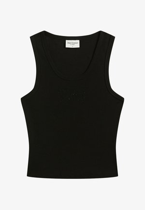 Czarny prążkowany, bezrękawnikowy krótki top z dekoltem w serek, metką "Juicy Couture" wewnątrz kołnierza oraz subtelnym, wytłoczonym napisem "Juicy" z przodu.