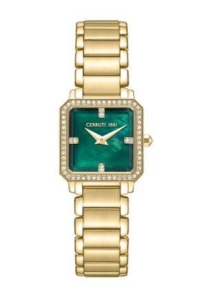 Goudkleurig Cerruti 1881 horloge met een vierkante groene wijzerplaat, kristallen markeringen en een bezel en armband schakels versierd met kristallen.