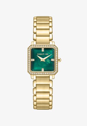 Goudkleurig Cerruti 1881 horloge met een vierkante groene wijzerplaat, kristallen markeringen en een bezel en armband schakels versierd met kristallen.