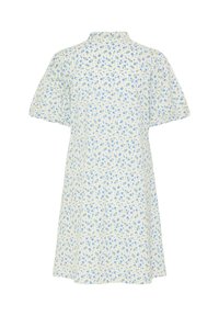 Robe blanche à manches courtes avec petit imprimé floral bleu, col montant et silhouette ample légèrement évasée.