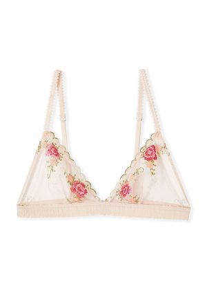 Soutien-gorge bralette en dentelle beige transparente avec bretelles réglables et broderie florale rose sur les bonnets.