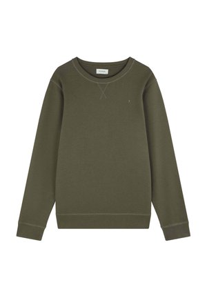Olijfgroene sweatshirt van zacht materiaal, met een ronde halslijn, lange mouwen en subtiele stikdetails. Klein logo op de borst.