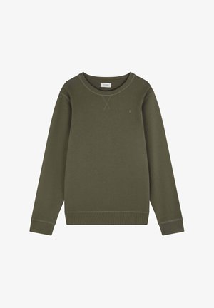 Sweatshirt verde măsliniu, confecționat dintr-un material moale, cu guler rotund, mâneci lungi și detalii subtile de cusătură. Logo mic pe piept.