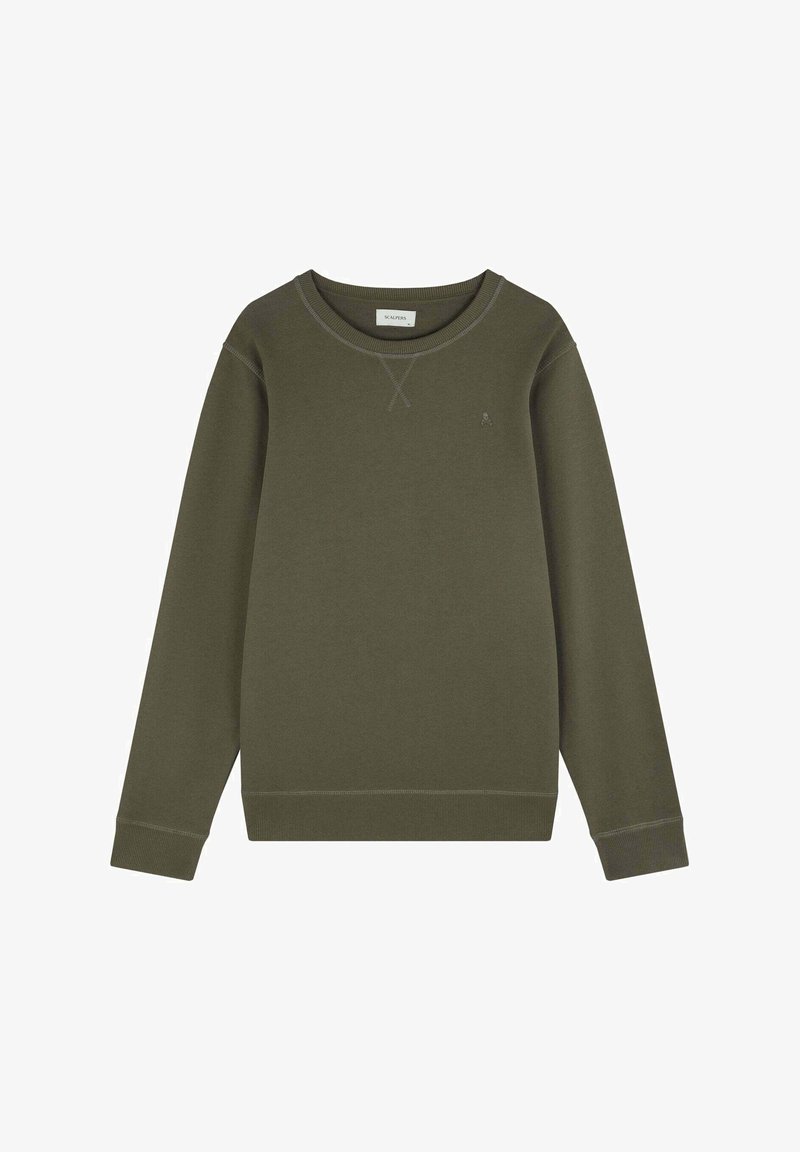 Olivgrüner Pullover aus weichem Stoff mit Rundhalsausschnitt, langen Ärmeln und subtilen Nähdetails. Kleines Logo auf der Brust.