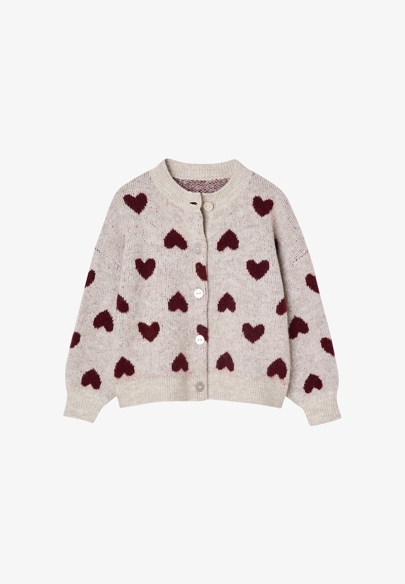 Helles graues Cardigan mit kastanienbraunen Herzmustern. Stricktextur, runder Ausschnitt, Knopfverschluss und gerippte Bündchen und Saum.