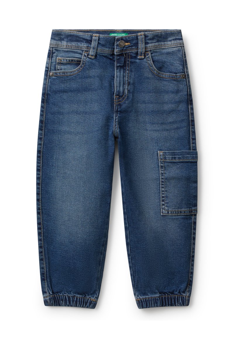 Modré džíny cargo s elastickým manžetou, pěti kapsami a velkou boční kapsou. Klasické prošití a mírně vybledlý povrch.