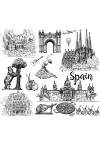 Illustration featuring iconic Spanish landmarks, a flamenco dancer, a bear tree sculpture, guitar, and traditional dishes, in black and white.