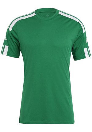 Grünes sportliches Kurzarmshirt aus atmungsaktivem Material. Mit weißen Streifen an den Schultern und einem Logo-Detail am Ärmel.