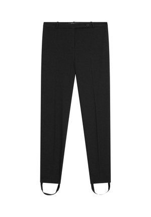 Pantaloni neri con una vestibilità su misura, dotati di passanti per cintura e chiusura con bottone. Include cinture regolabili alla caviglia. Texture liscia.