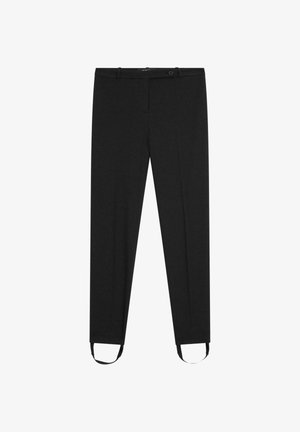 Czarne spodnie o dopasowanym kroju, z pętlami na pasek i zapięciem na guzik. Zawierają regulowane paski przy kostkach. Gładka tekstura.