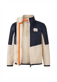 Men's jacket featuring a beige fleece body with navy quilted panels, orange lining, and a logo on the chest, designed with a zip front.