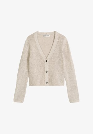 Beige knitted cropped cardigan with V-neck, three dark buttons down front, long sleeves, and a Marc O'Polo label inside collar.