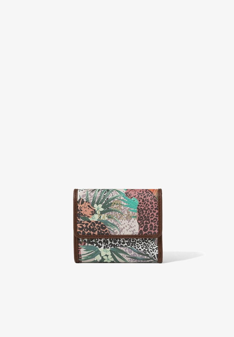 Portefeuille compact avec imprimé léopard coloré, feuilles vertes, fleurs, et logo doré "Braccialini" sur le rabat avant.