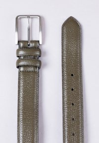 Leather belt in olive green with a smooth texture, silver rectangular buckle, and three stitched accents. Features multiple sizing holes.