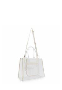 Sac en mesh transparent à forme structurée, couleur blanche, doubles poignées, bandoulière ajustable et détails en métal doré.