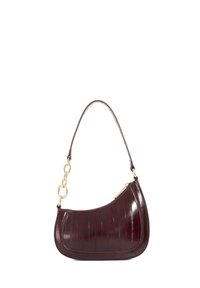 Dark brown leather shoulder bag with a curved shape, textured finish, gold chain detail on strap, and top zipper closure.