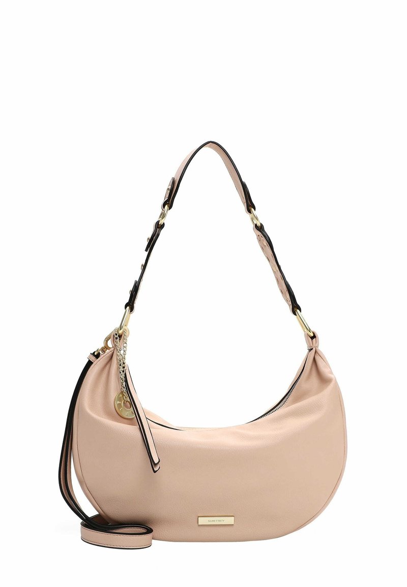 Borsa a spalla in pelle rosa con silhouette curva, tracolla removibile, hardware dorato e un piccolo charm decorativo. Texture liscia, design minimalista.