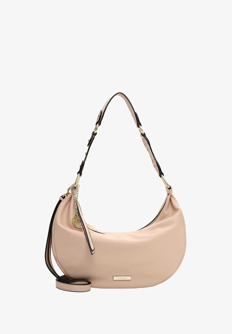 Rosa läderaxelväska med en rundad silhuett, avtagbar rem, detaljer i giltone och en liten charmdetalj. Slät textur, minimalistisk design.