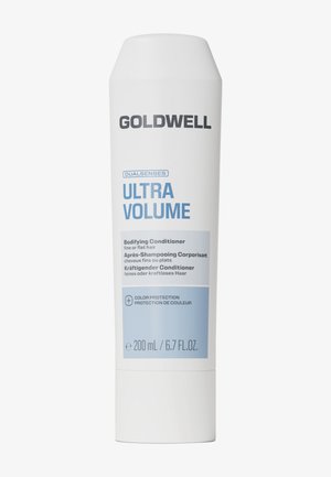 Flacon blanc de l'après-shampoing Goldwell Dualsenses Ultra Volume volumisant pour cheveux fins ou plats avec protection de la couleur, 200 ml.