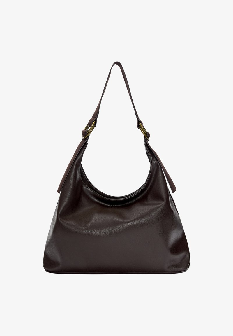 Bruine leren schoudertas met een afgeronde vorm, zachte textuur en een enkele schouderband met gouden hardware accenten.