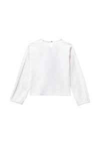 Camicia bianca a maniche lunghe con scollatura rotonda e dettaglio a chiave sulla schiena. Realizzata in tessuto morbido con polsini elasticizzati. Design semplice e pulito.