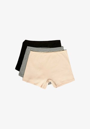 Trzy pary bielizny w kolorach czarnym, szarym i jasnoróżowym. Mają żebrowaną teksturę, środkowy stan oraz elastyczne paski w talii.