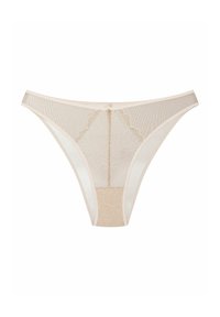 Beige lace thong with floral pattern, sheer fabric, elastic waistband, and a small central gold accent. Smooth texture.
