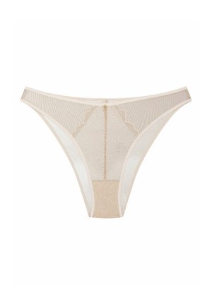 Beżowe koronkowe stringi z kwiatowym wzorem, przezroczysty materiał, elastyczny pas i mały złoty akcent na środku. Gładka tekstura.