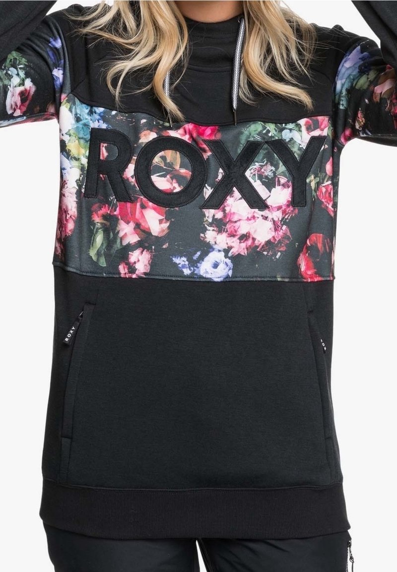 Schwarzer sportlicher Pullover mit floralem Design auf der Brust, auffälligem "ROXY"-Text, Reißverschluss-Taschen und elastischem Saum.