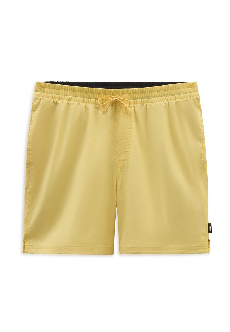 Shorts de bain jaunes avec une taille élastique et un cordon de serrage ajustable. Tissu doux et lisse avec une coupe régulière et des poches latérales.