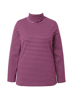 Lilla langærmet turtleneck top med hvide vandrette striber. Glat tekstur, tætsiddende silhuet og design med høj krave.