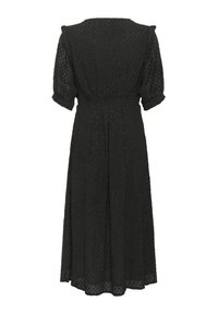 Crna midi haljina s kratkim puf rukavima, teksturiranim točkicama, prilagođenim strukom i lepršavom suknjom. Mekana tkanina s blagim sjajem.