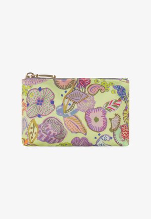 Klein rechthoekig etui met rits, met een pastelkleurig bloemmotief en een ritssluiting in goudkleur, voorzien van een diamantvormig "oilily" logo patch.