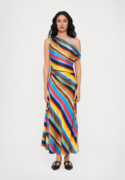 Robe colorée à une épaule avec des rayures verticales en bleu, jaune, vert, marron et rouge. Fabriquée dans un tissu lisse et fluide.