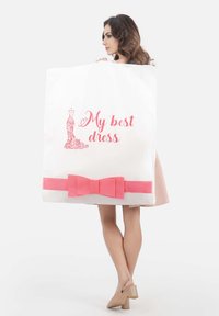 White garment bag featuring the phrase "My best dress" in pink, adorned with a pink bow at the bottom and an elegant dress illustration.