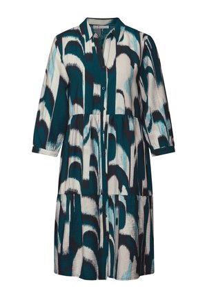 Abito con motivo teal e bianco, colletto, maniche a tre quarti, chiusura a bottoni e design a strati della gonna. Tessuto morbido.