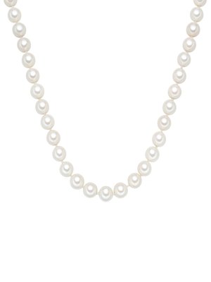 Freshwater pearl necklace featuring evenly sized, round, white pearls strung together, with a smooth, glossy surface and subtle luster.