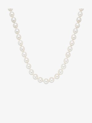 Collar de perlas de agua dulce compuesto por perlas redondas y de tamaño uniforme, ensartadas, con una superficie lisa y brillante y un sutil lustre.