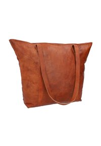Sac fourre-tout en cuir marron avec deux longues poignées, forme rectangulaire, texture lisse et couture soignée le long des bords.