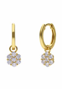 Gouden oorringen met een afneembaar druppelontwerp en een cluster van ronde, heldere kristallen die een bloemvorm vormen.