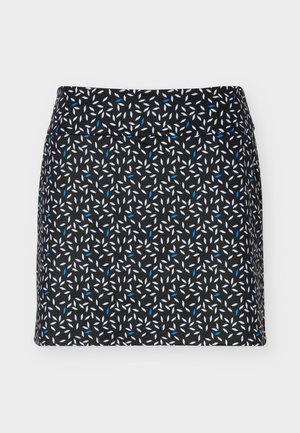 Čierna mini sukňa s bielym a modrým rozptýleným vzorom listov, s priliehavým pásom a rovnou lemovkou.