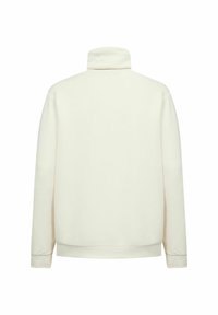 Chaqueta de pullover de color claro con un cuello alto, mangas largas y una textura de tela suave y lisa. Sin patrones ni acentos visibles.