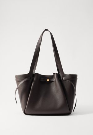 Dark brown leather tote bag with two sturdy handles, a cinched top, and a gold-tone button closure. Textured surface with minimal accents.