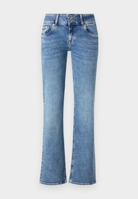 Jeans de mezclilla de corte recto y bota acampanada en color azul claro, con dos bolsillos delanteros, cierre de botón y un ligero desgaste a lo largo de las piernas.
